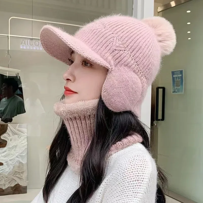 Women Winter Earflaps Wool Knit Hat Solid Color Big Pompom Plush Warm Baseball Cap Ladies Girl Sport Riding Ear Warmer Bonnet