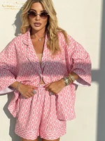 Clacive Fashion Loose Print 2 Piece Sets Women Outfit 2024 Casual Long Sleeve Shirt With High Waist Shorts Set Female Homewear - Image 3