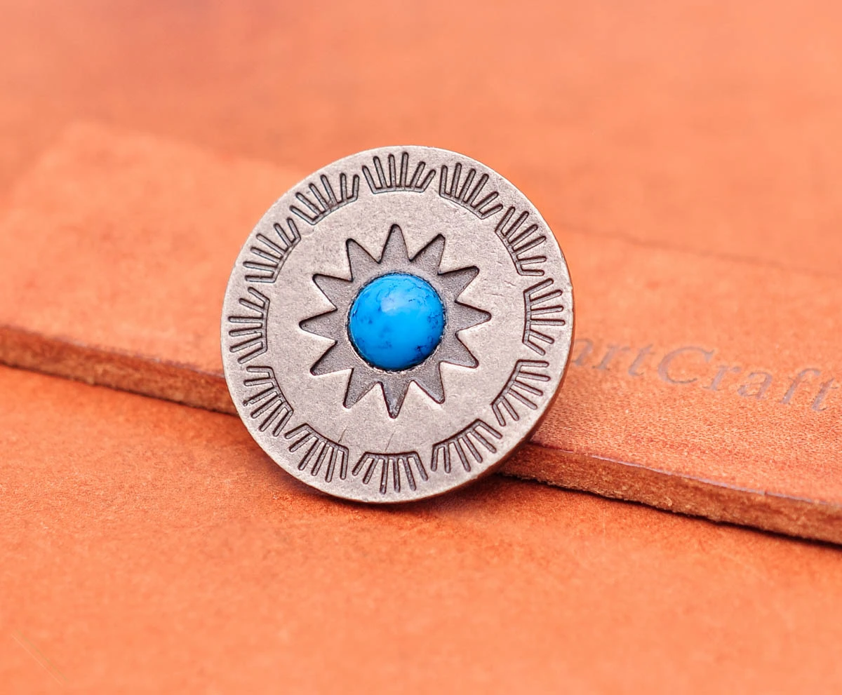 10 Stück 30 mm Antik Silber Ethno Sonne Totem Blume Lederhandwerk Gürtel Zubehör Hardware Himmelblau Türkis Concho Screwback – Detail 20