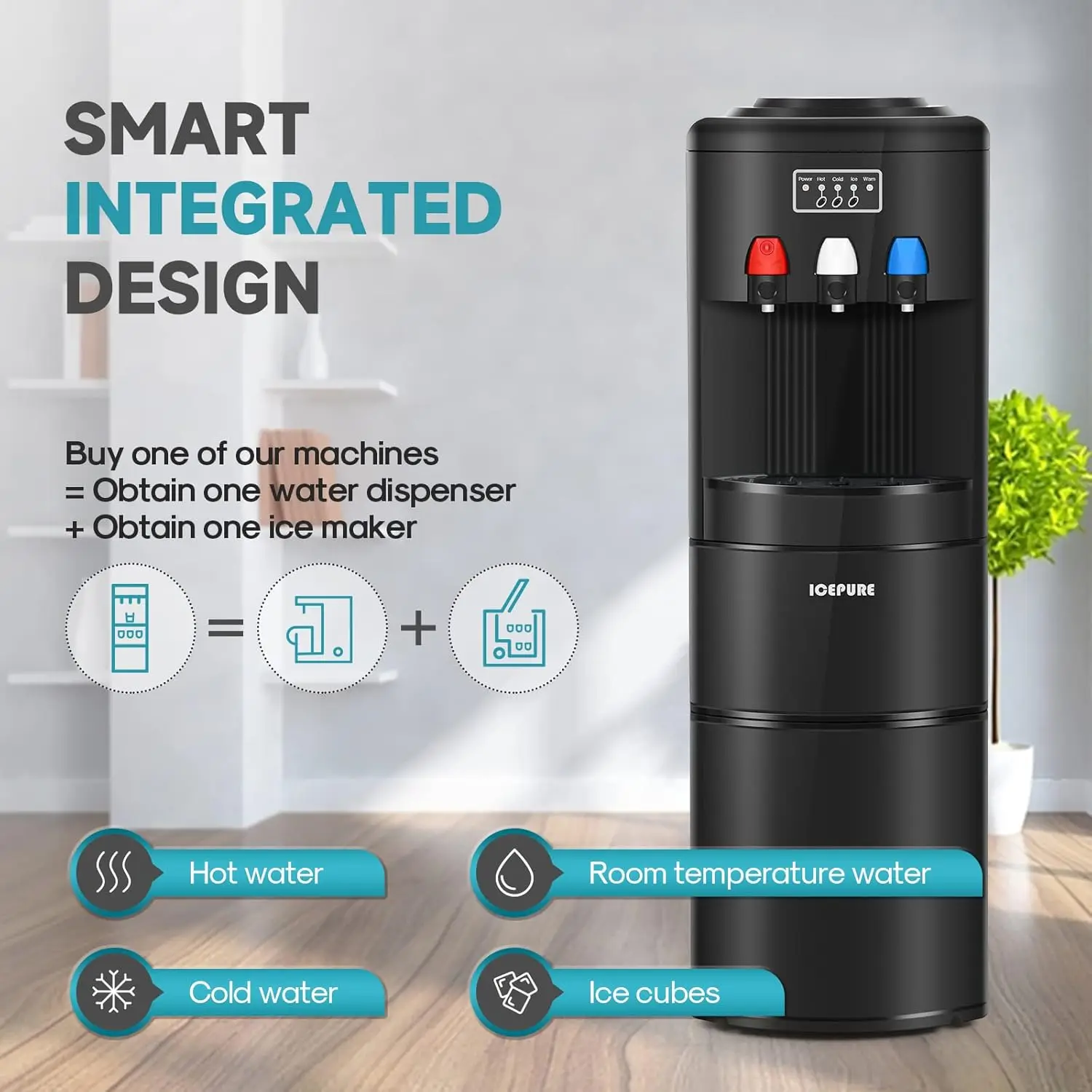 3 in 1 Water Cooler Dispenser with Built-in Ice Maker, Hot Cold Room Temp Water and Bullet Ice, Top Loading 2, 3 or 5 Gallon, 26 2