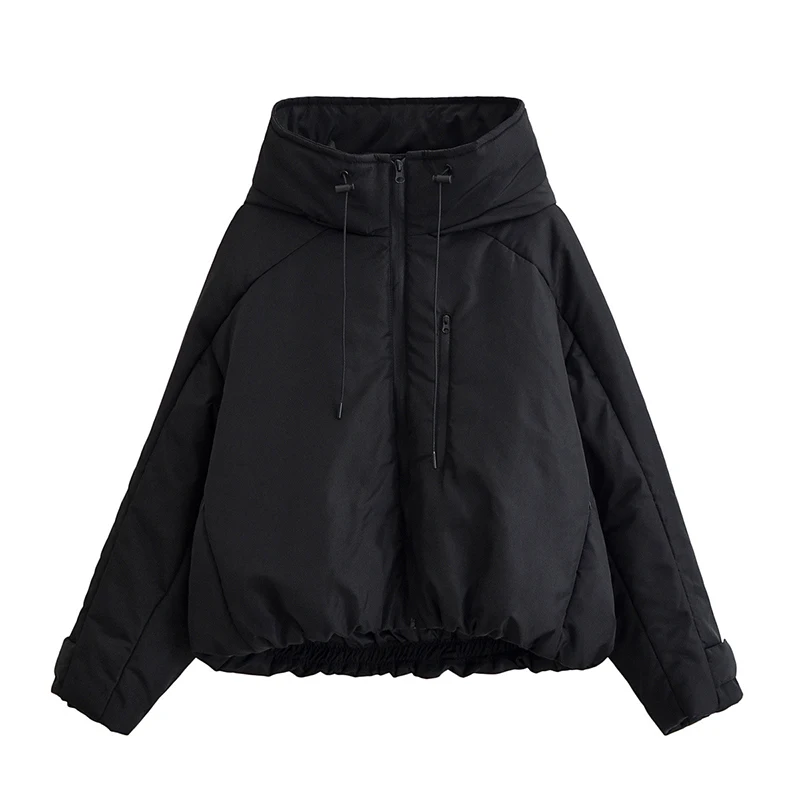 Schwarze abgeschnittene Pufferjacke für Damen, Rollkragenpullover, volle Ärmel, Kapuze, Kordelzug-Detail, lockerer Mantel, 2025, volle Winter-Dame, lässige Oberbekleidung – Detail 1