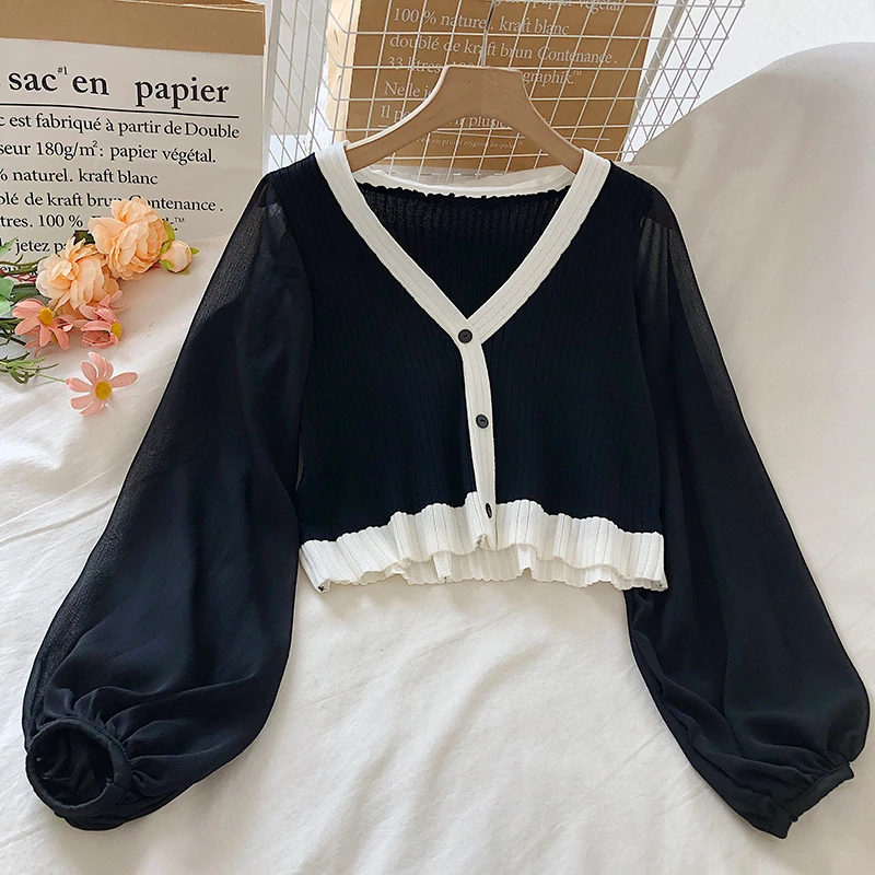 

Temperament Women Shirts Patchwork Chiffon Puff Sleeve Knitted Blouses V-neck Black Crop Tops 2024 Blusas Mujer De Moda