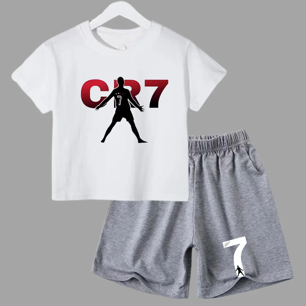 Traje deportivo de verano CR7 Ronaldo para niños de 2 a 14 años, conjunto de 2 piezas, camisetas de manga corta informales y pantalones cortos, conjuntos de ropa de ídolo para niños