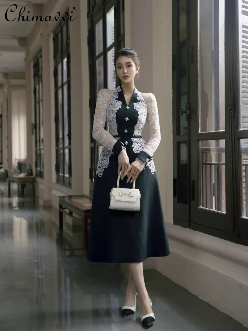 

Black White Stitching Lace Embroidery V-neck Long-Sleeve Dress Autumn Fashion High Waist Elegant Long Dress Office Lady Dress