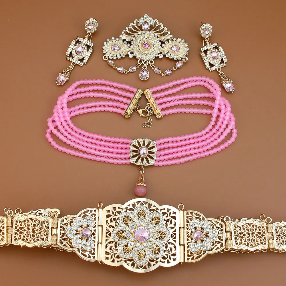 Sunspicems Arabic Bride Jewelry Sets For Women Gold Color Bead Pearl Choker Necklace Caftan Waist Belt Earring Morocco Brooch