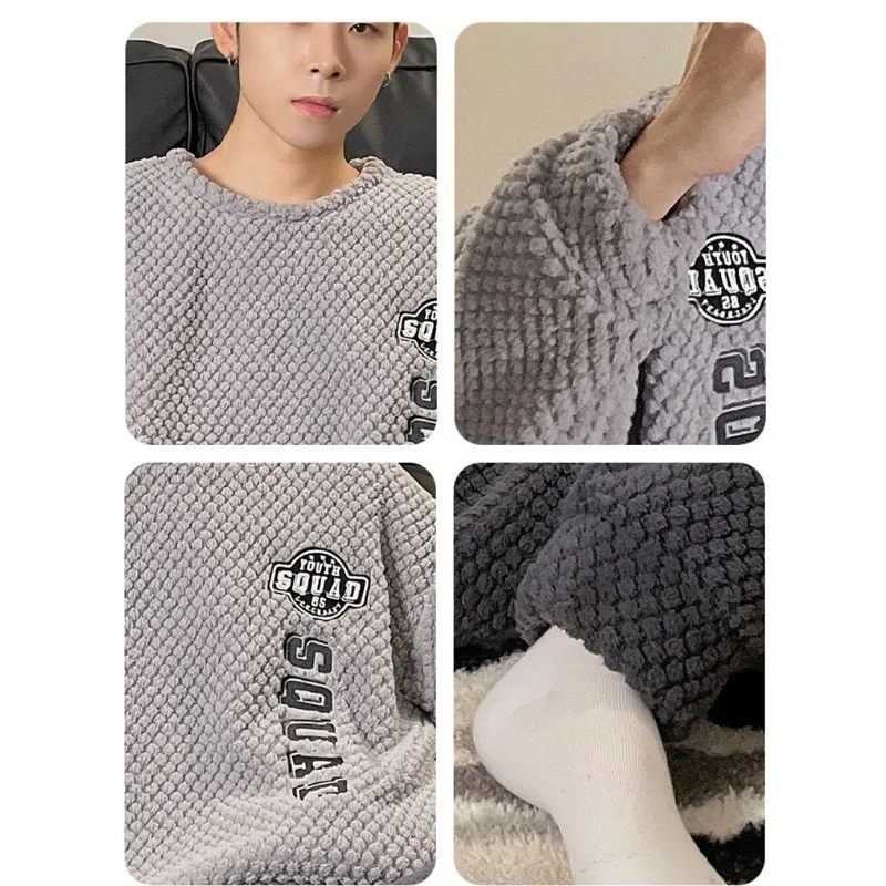 2024 New Men Pajamas Winter Coral Fleece Thickened Velvet Nightclothes Suit Male Round Collar Casual Warm Large Size Loungewear