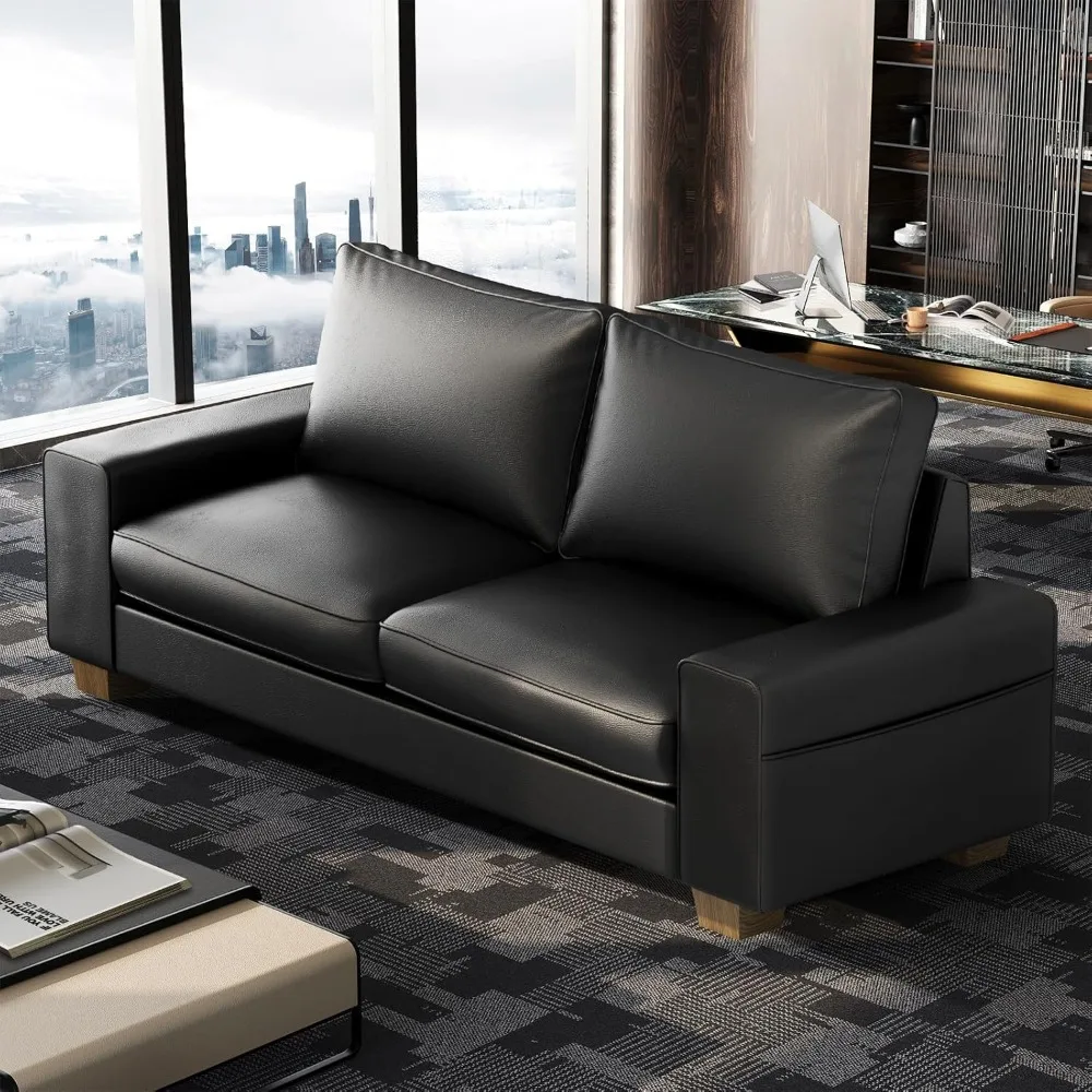Faux Leather Couch, Mid Century Modern Comfy Loveseat Sofa with Wide Arm, Side Pockets, Solid Wooden Frame for Office