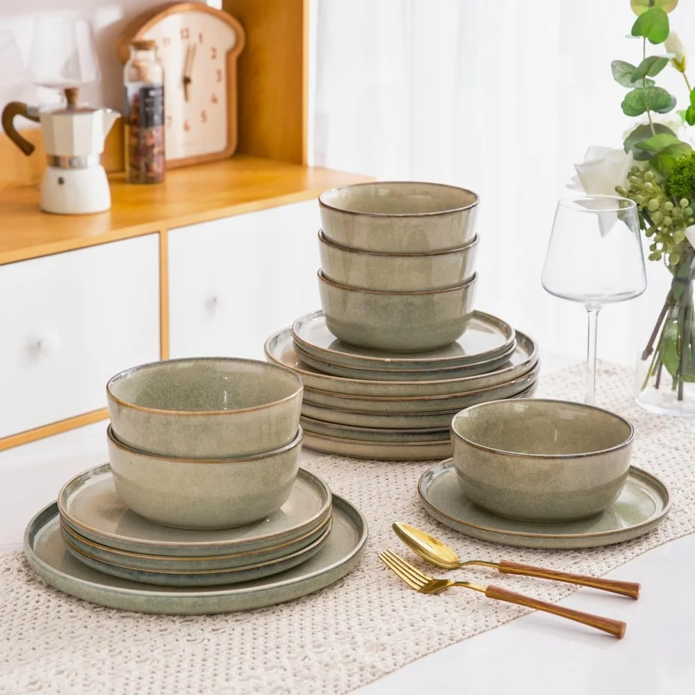 AmorArc Stoneware Dinnerware Sets,Round Reactive Glaze Ceramic Plates and Bowls Set,Highly Chip and Crack Resistant Dishwasher