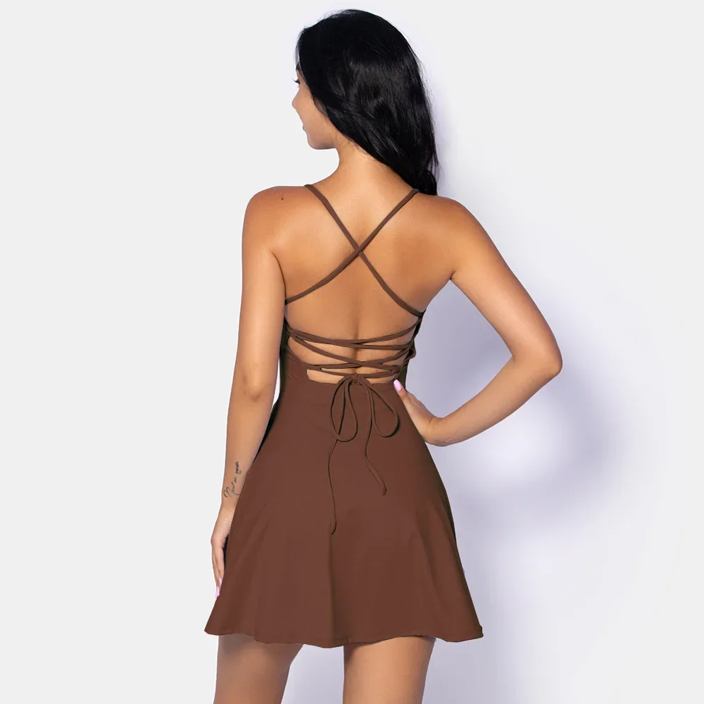 Summer Sleeveless Tennis Dress for Women Pink Hollow Out Backless Lace Up Gym Fitness Golf Badminton Pocket Skirt Suit Sportwear
