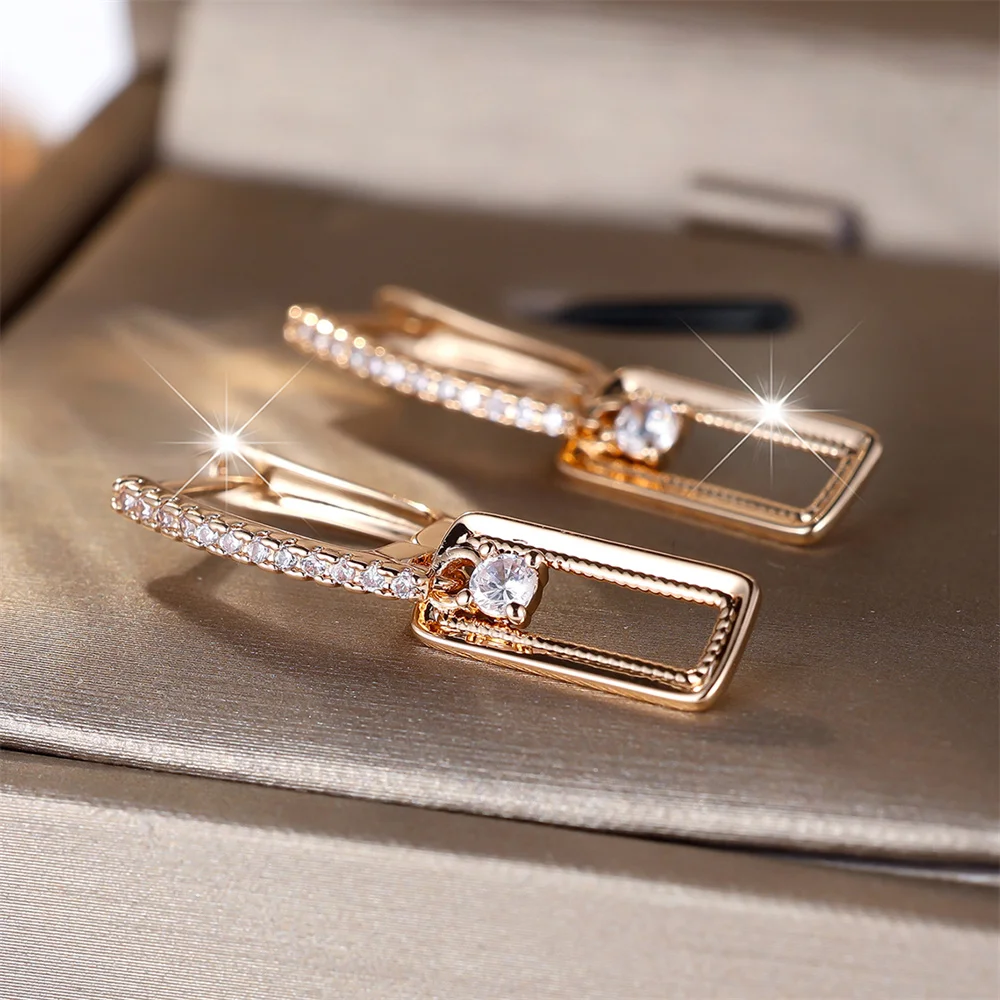 White Zircon Round Stone Rectangle Pendant Hoop Earrings For Women Vintage Gold Color Ear Buckle Wedding Jewelry Birthday Gifts