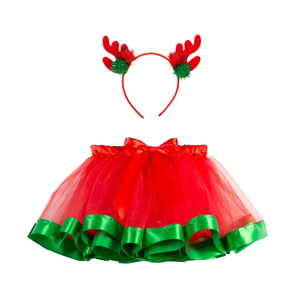 

Girl Christmas Elf Christmas Santa Claus Cosplay Green Red Bubble dress Costume Headband