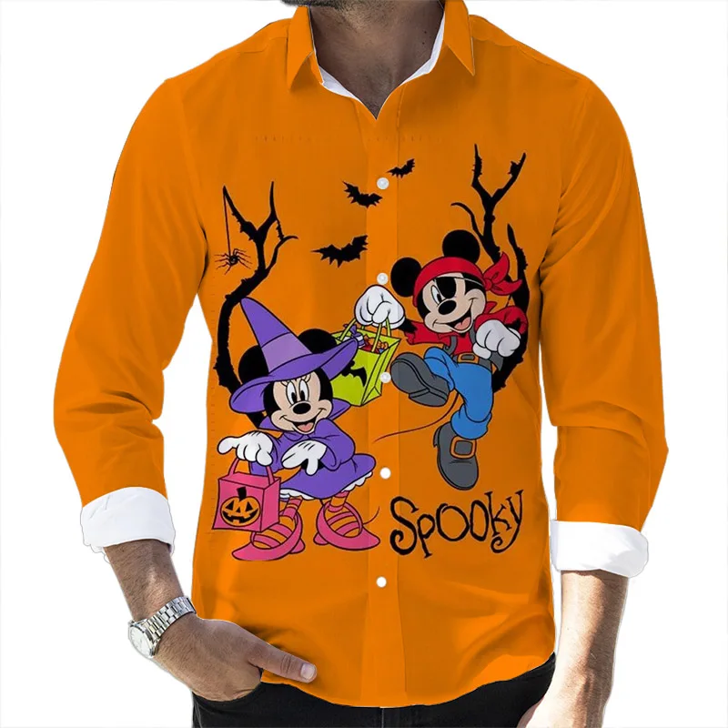 

Halloween Fall Pop Disney Brand Stitch and Mickey Cartoon Casual 3D Printed Long Sleeve Lapel Shirt Slim Fit Men's Top 2022