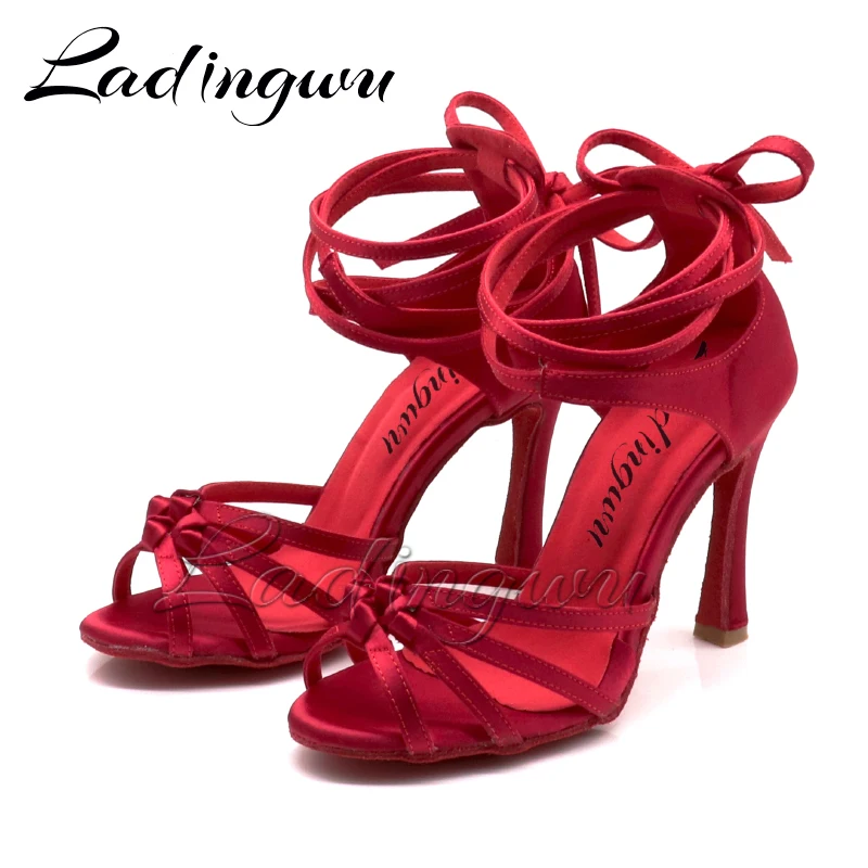 Ladingwu Burgundy Satin Latin Dance Shoes Puttee Four-band Knot Salsa Dance Shoes Ballroom Tango Dance Shoes 3