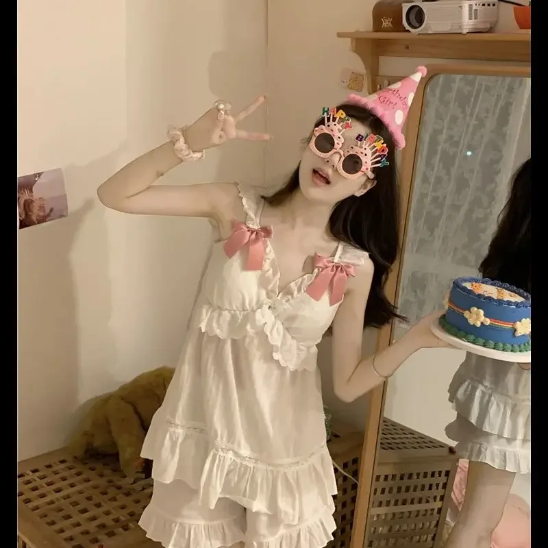 Cute Women's Pajamas Set of New Spring and Summer Korean Elegant Leisure Students Bow Sling Sleepwear Homewear Women's Clothing