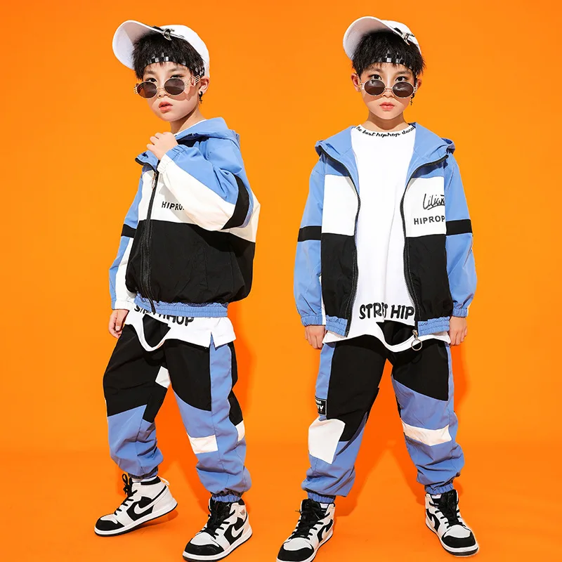 

Kid Kpop Hip Hop Clothing Blue White Black Zip up Hoodie Jacket Casual Jogger Pants for Girl Boy Jazz Dance Costume Clothes Set