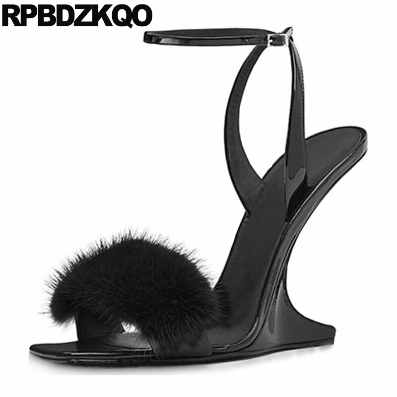 

34 Pumps Women Patent Leather Sandals Ankle Strap Fetish Fuzzy High Heels Open Toe Strange Mink Wedges Fluffy Fur Shoes Extreme