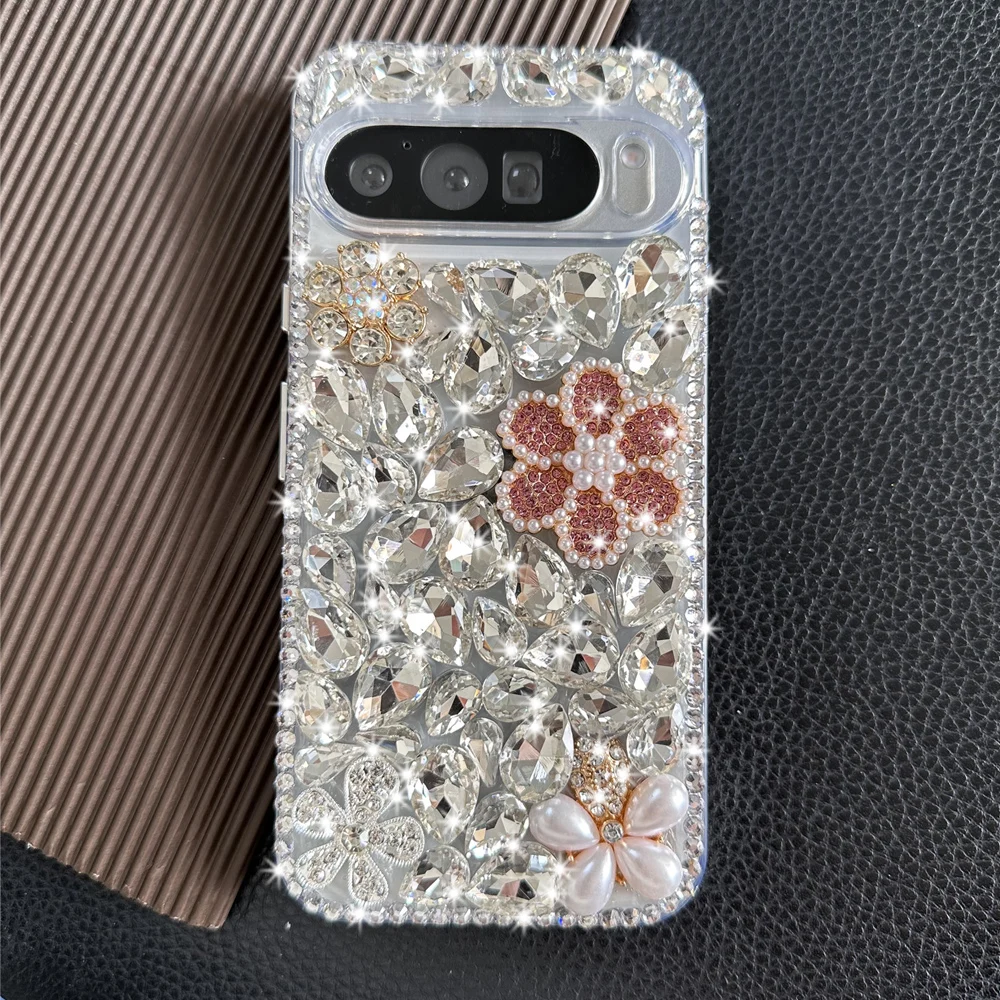 Bling Pink Pearl Flower Case For Google Pixel 9 Pro XL 8 Pro 7A 7Pro 6A 6Pro 5A Luxury Glitter Rhinestone Silver Diamond Cover