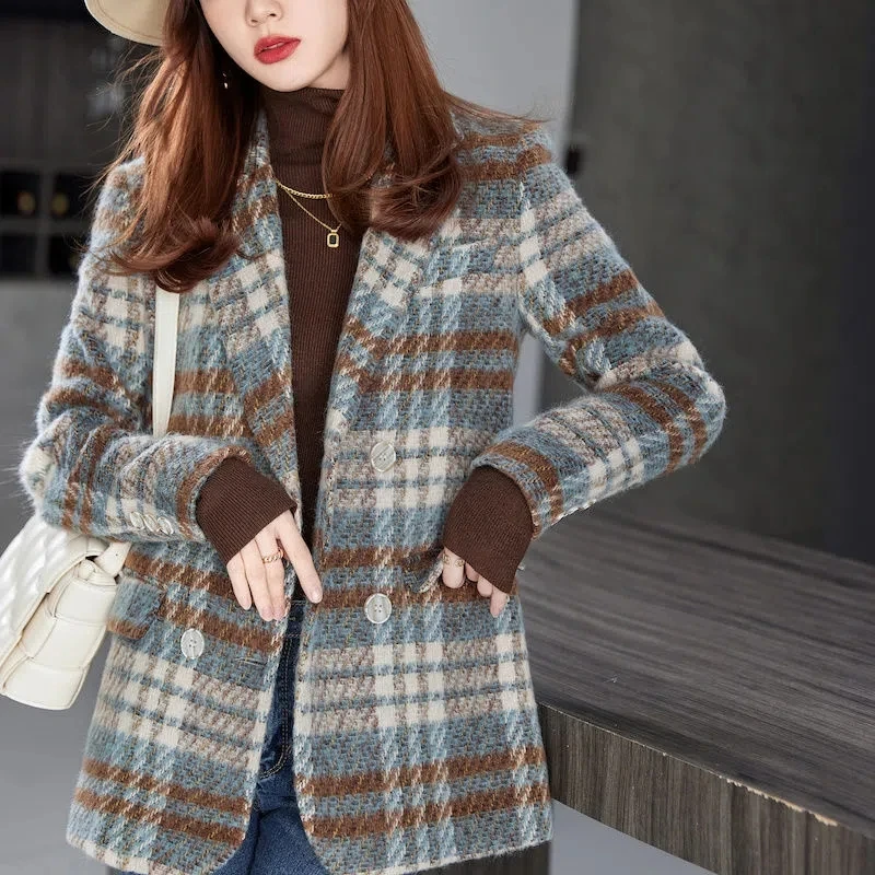 Plaid Woolen Suit Women Coat Autumn Winter 2023 New Korean Medium Long Sleeve Blazers Woman Jacket Casual Ladies Blazer Tops E20 lxunyi design ladies blazers women long 2022 spring new heavy tassels asymmetry medium long suit coat   high quality