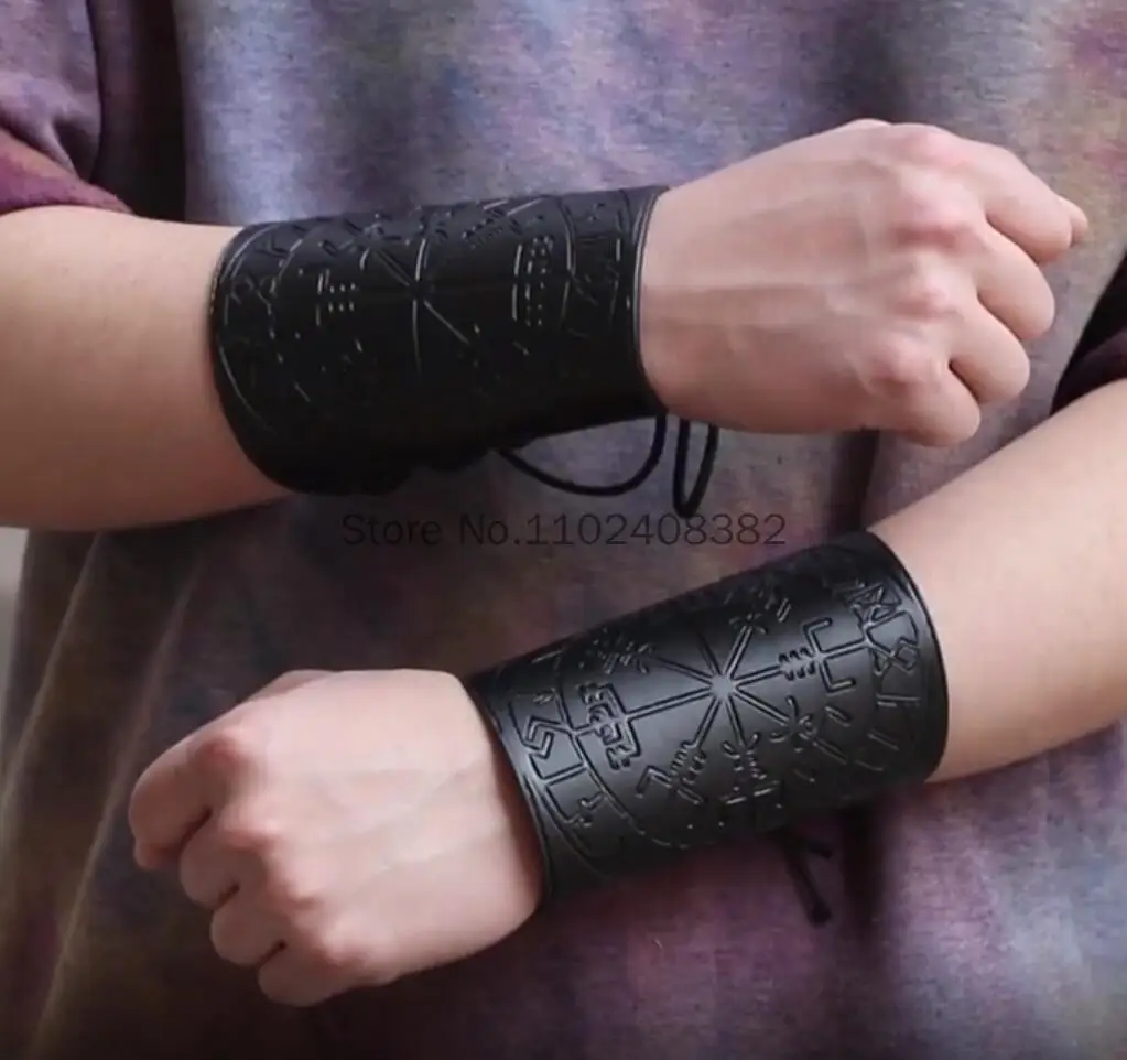

Adult Viking Totem embossed Steampunk Bracer Warrior Arm Armor Knight Gauntlet Wristband Leather Lace up Costume Props