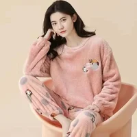 Thickened Warm Flannel Women Sleepwear Coral Velvet Pajamas Autumn Winter Cute Cartoon Bear Padded Two Sets Nightwear Casual - Image 6