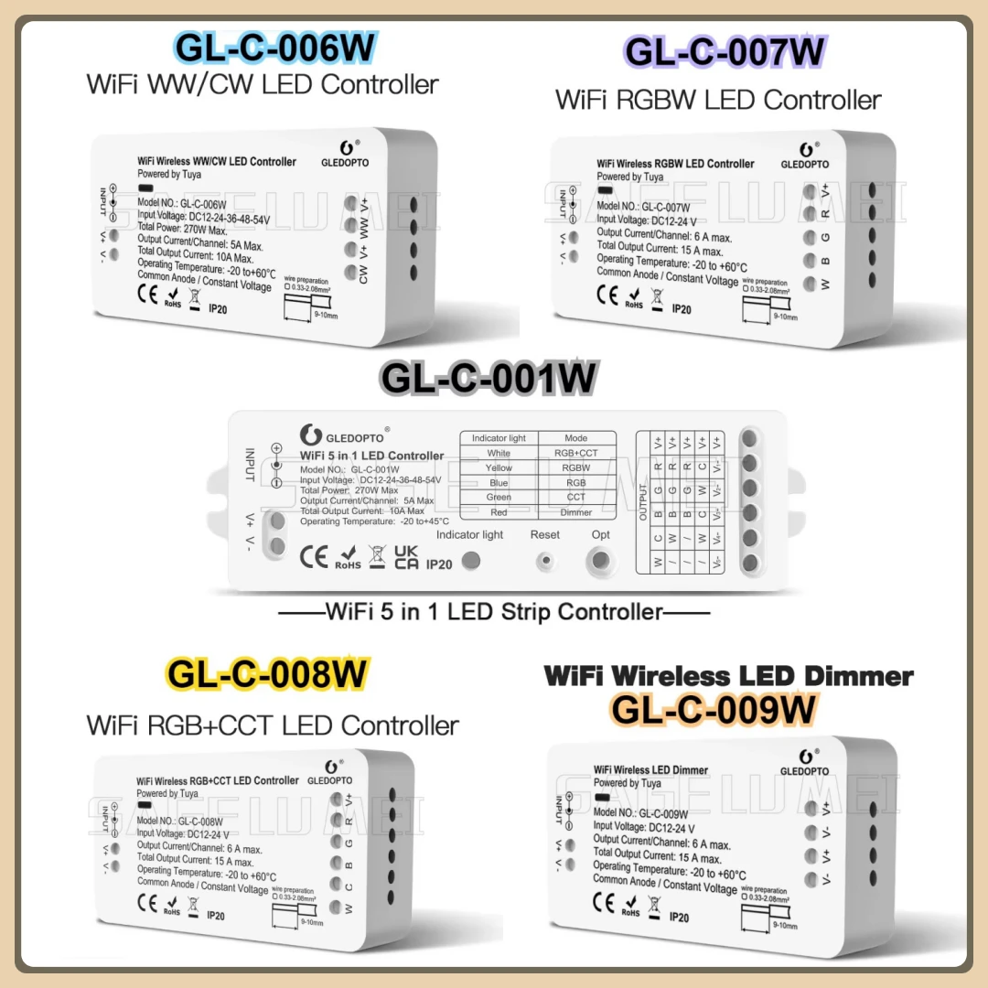 GLEDOPTO DC12-24V GL-C-001/006/007/008/009W Yandex Alice WiFi LED Controller RGBCCT Tuya Smart App Voice Dimmable Strip Light
