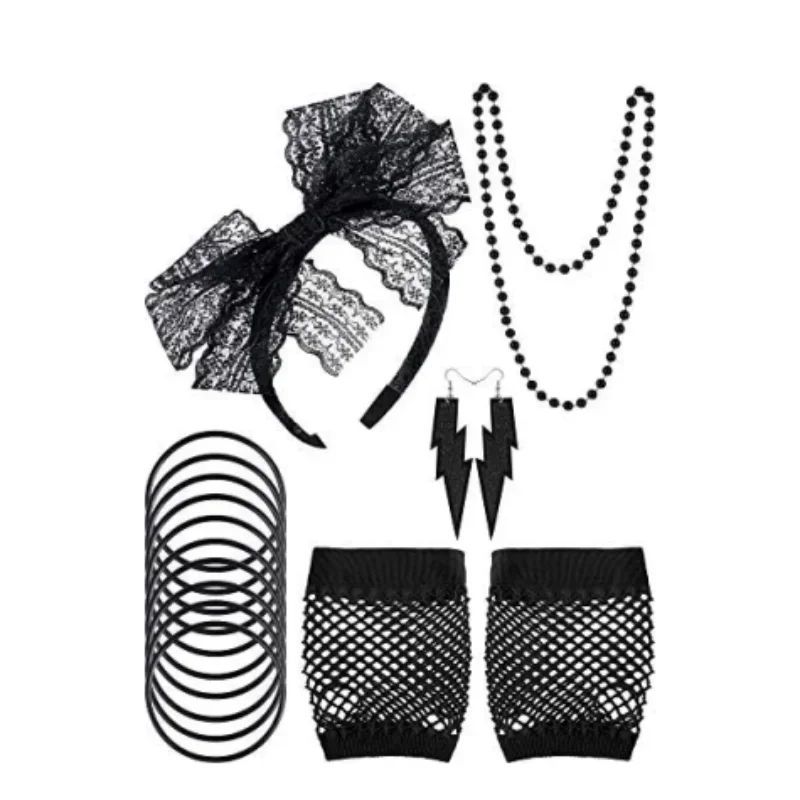 Boyiee Set De Disfraces Para Mujer Vestido Chaqueta Diadema Aretes Collar Legging De Encaje Guantes Disfraces Temáticos De Años 80 De Halloween (M