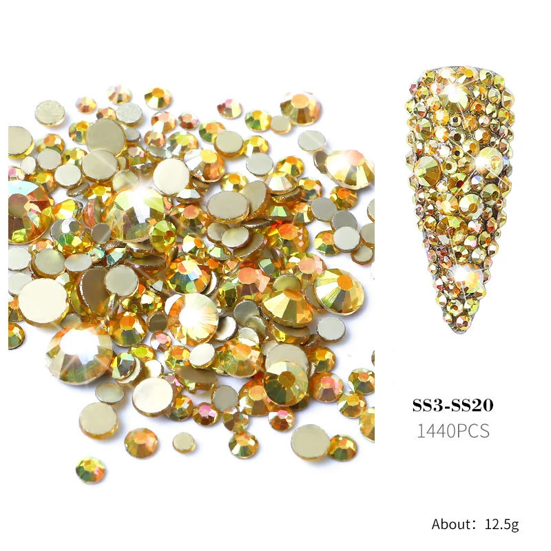

1440pcs Gold AB Crystal 3D Flat Back Nail Art Rhinestones Set Nail Supplies For Professionals DIY Colorful Manicure Decorations
