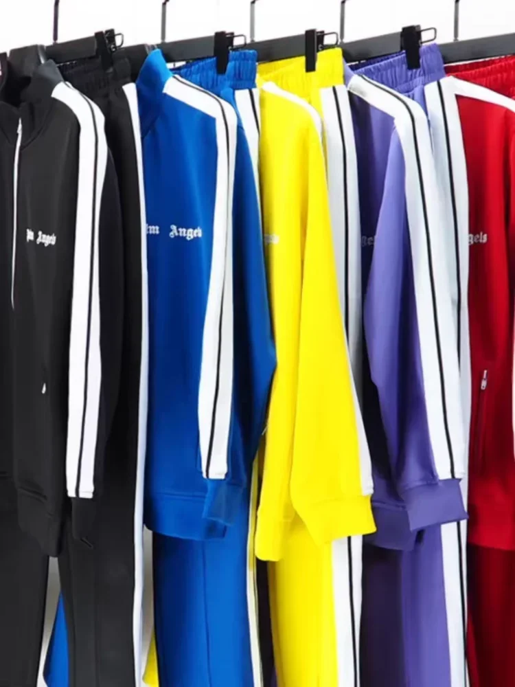 

Костюм спортивный мужской с длинным рукавом, повседневный свободный контрастный топ на молнии с лацканами, эластичные брюки для бега с высокой талией, весна-лето 2024