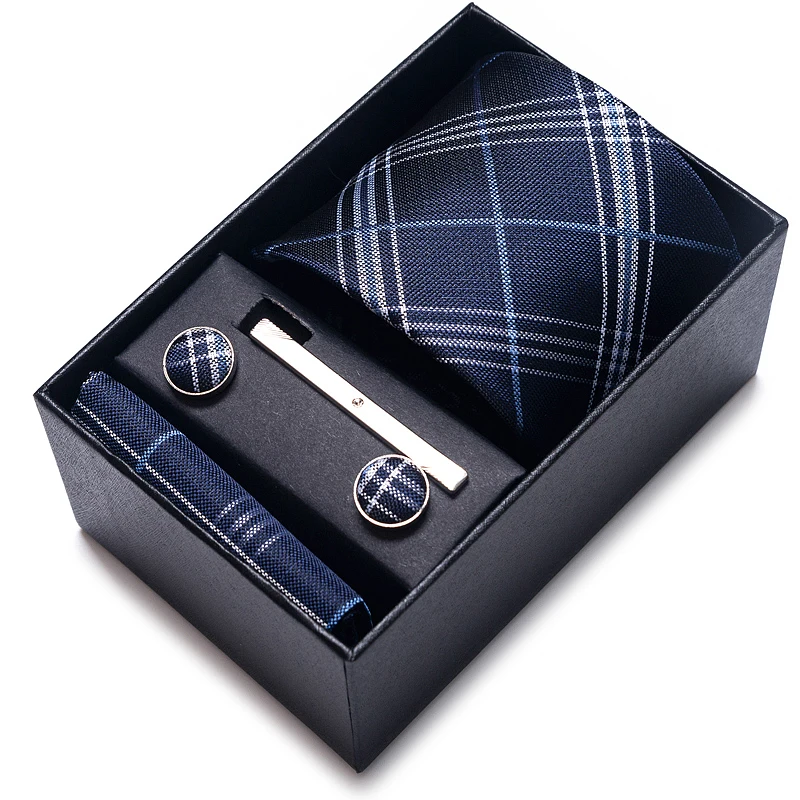 Silk Brand Tie Handkerchief Cufflink Set For Men Necktie Holiday Gift Box Blue Gold Suit Accessories Slim Wedding Gravatas