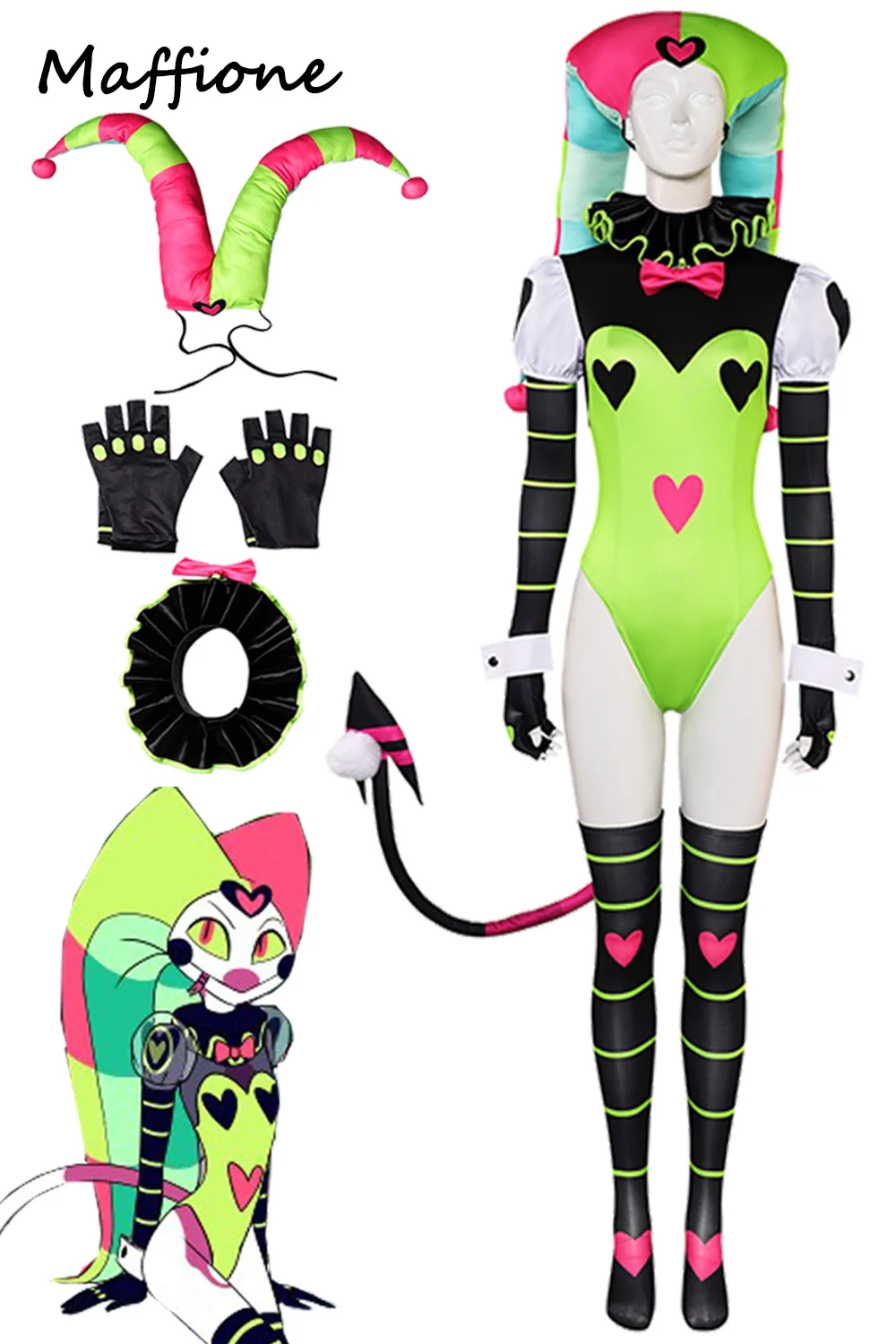 

Женский костюм для косплея Fizzarolli, зеленый костюм с героями мультфильмов «Helluvae», маскирующий женский костюм, комбинезон, шапка, перчатки для хвоста, костюм на Хэллоуин
