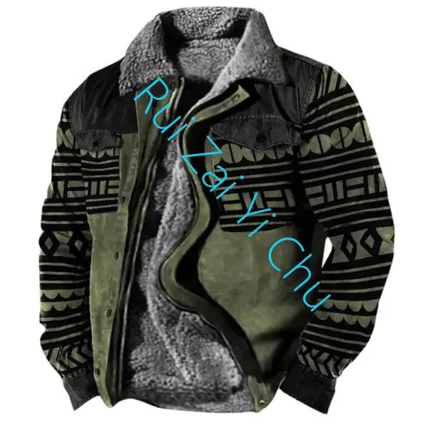 2024 Winter Warm Jacket Coats Men's Western Aztec Vintage Print Sherpa Fleece Lined Jackets Casual Zipper