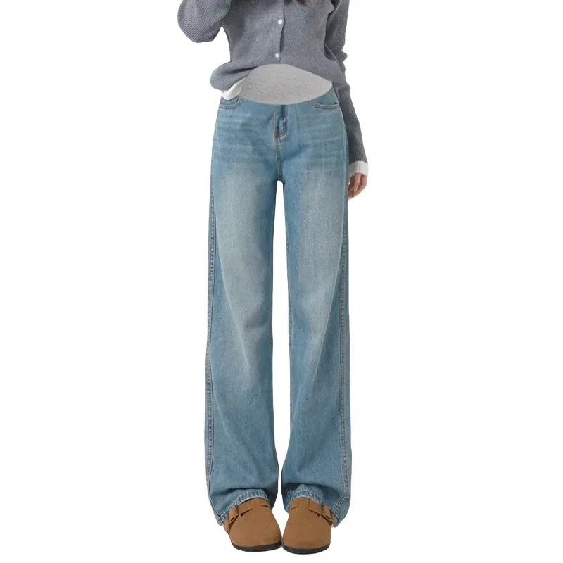 Maternity Jeans High Waist Straight Leg Blue Denim Pregnancy Pants Comfortable Stretchy Women's Maternity Trousers
