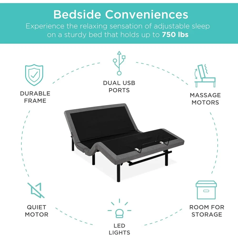 Adjustable Bed Frame, Electric Base w/Wireless Remote Control, Nightlight, Massager, 2 USB Ports, Bed Frames 3