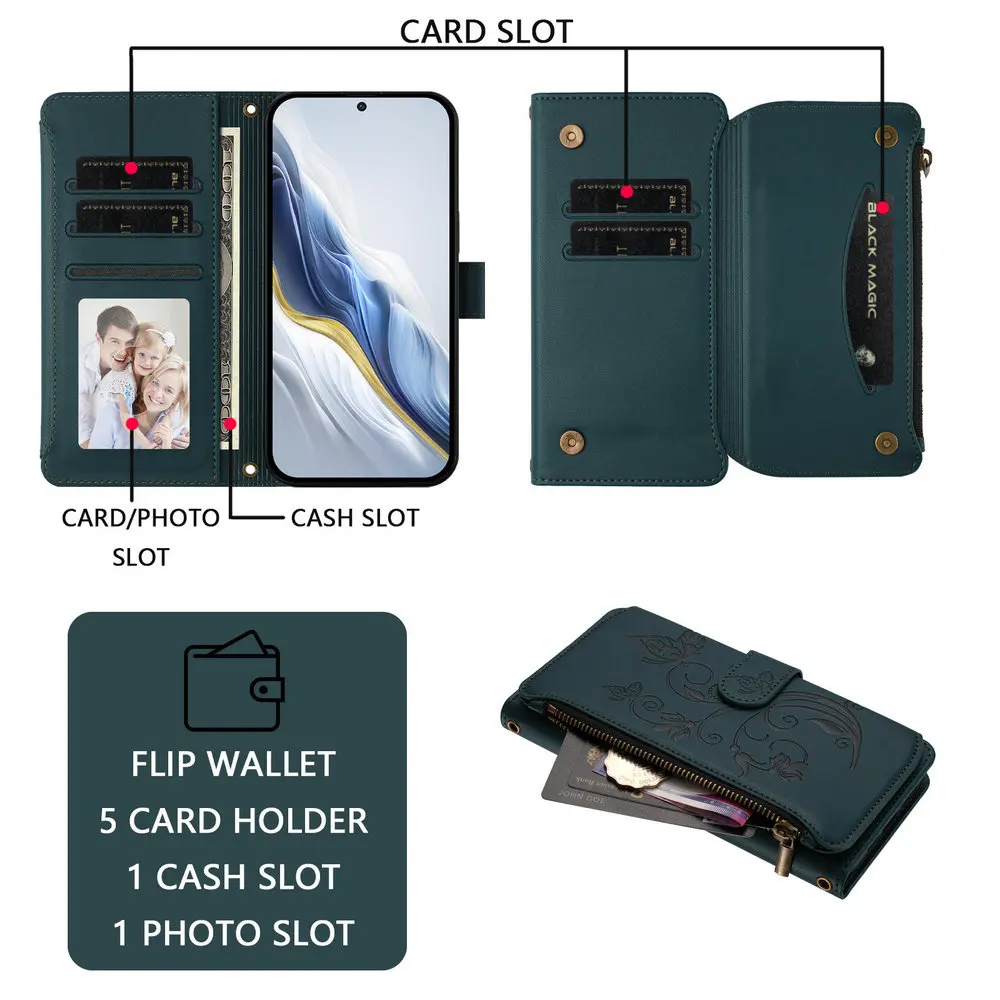 Edmboss Floral Zipper Leather Wallet Case - Elegant Design