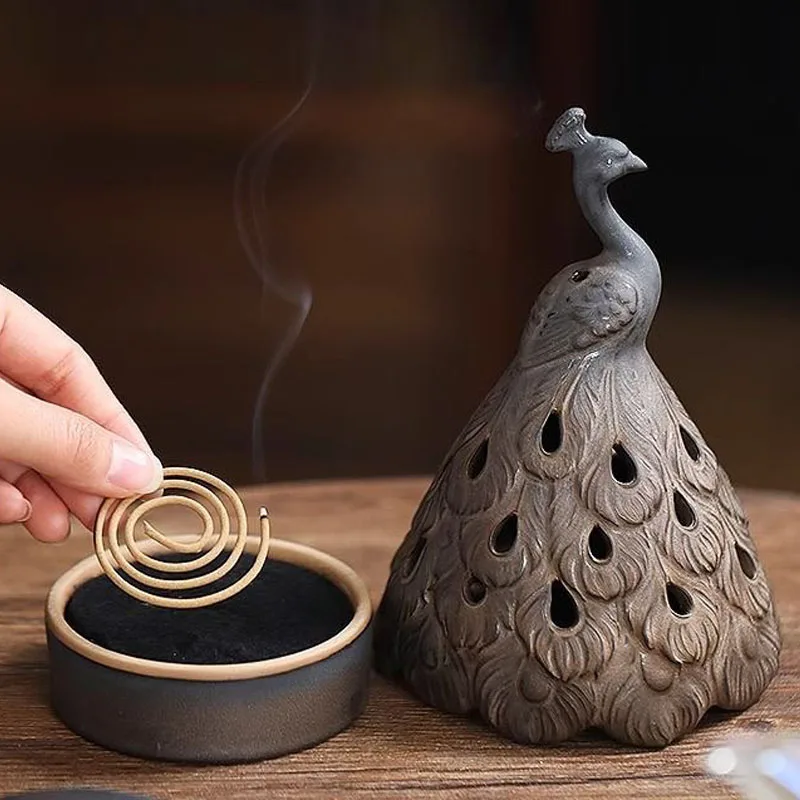 Chinese Ceramic Peacock Incense Burner, Fragrance Stove, Home Indoor Living Room, Tea Ceremony Craft, Retro Zen Decorations, 1Pc