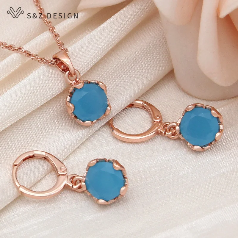 S&Z DESIGN New Trendy Cute Cubic Zirconia Round Flowers Dangle Earrings Jewelry Sets For Women Wedding Party Pendant Necklace