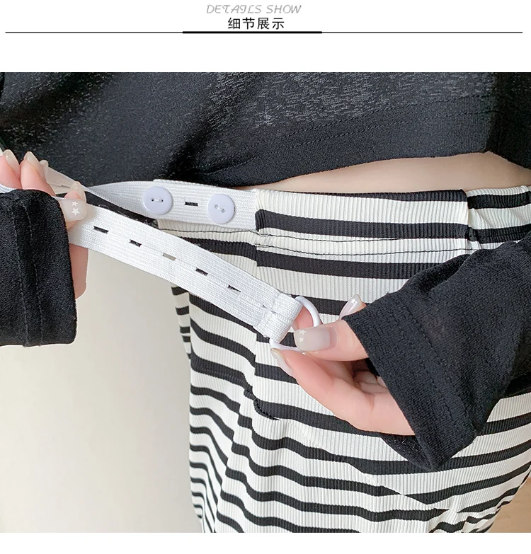 2024 임산부 아이스 실크 바지, 바닥 길이 하이 웨이스트, 임산부 배꼽 바지, 패션 블록 컬러 스트라이프 임신 바지