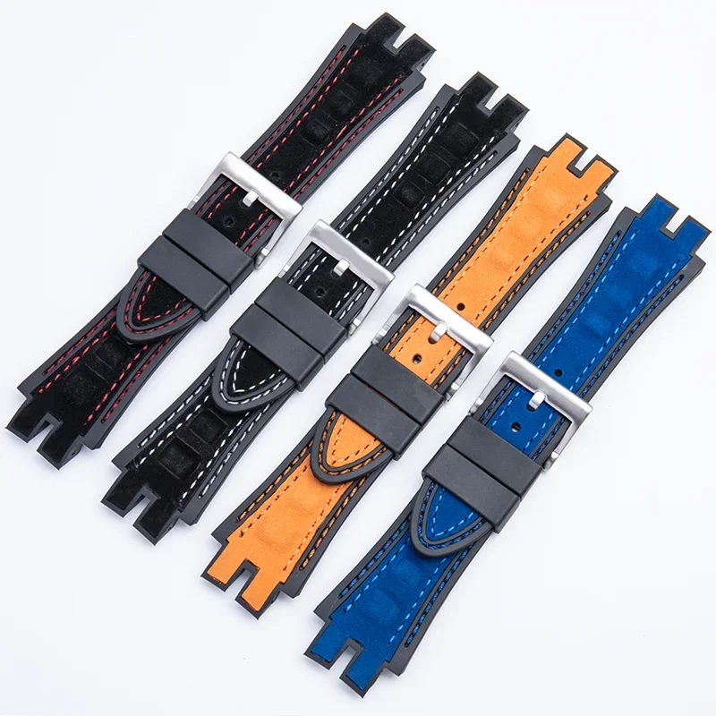 

28mm Black Blue Red Yellow Nubuck Leather Belt Silicone Watch Band Accessories Fit For Roger Dubuis Strap For EXCALIBUR Series