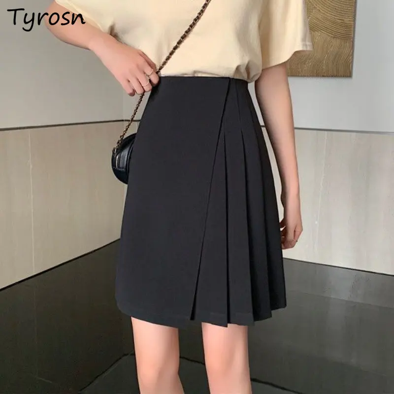 

Skirts Women Folds Temperament Design Simple Basic Empire Korean Style Mini Faldas Casual Pure Stylish Ladies Office All-match