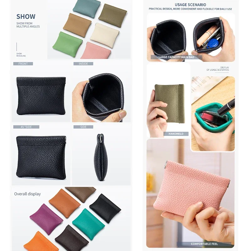 Genuine Leather Change Wallet Jewelry Pouch Leather Travel Squeeze Coin Purse Portable Change Organizer for Earrings Necklace