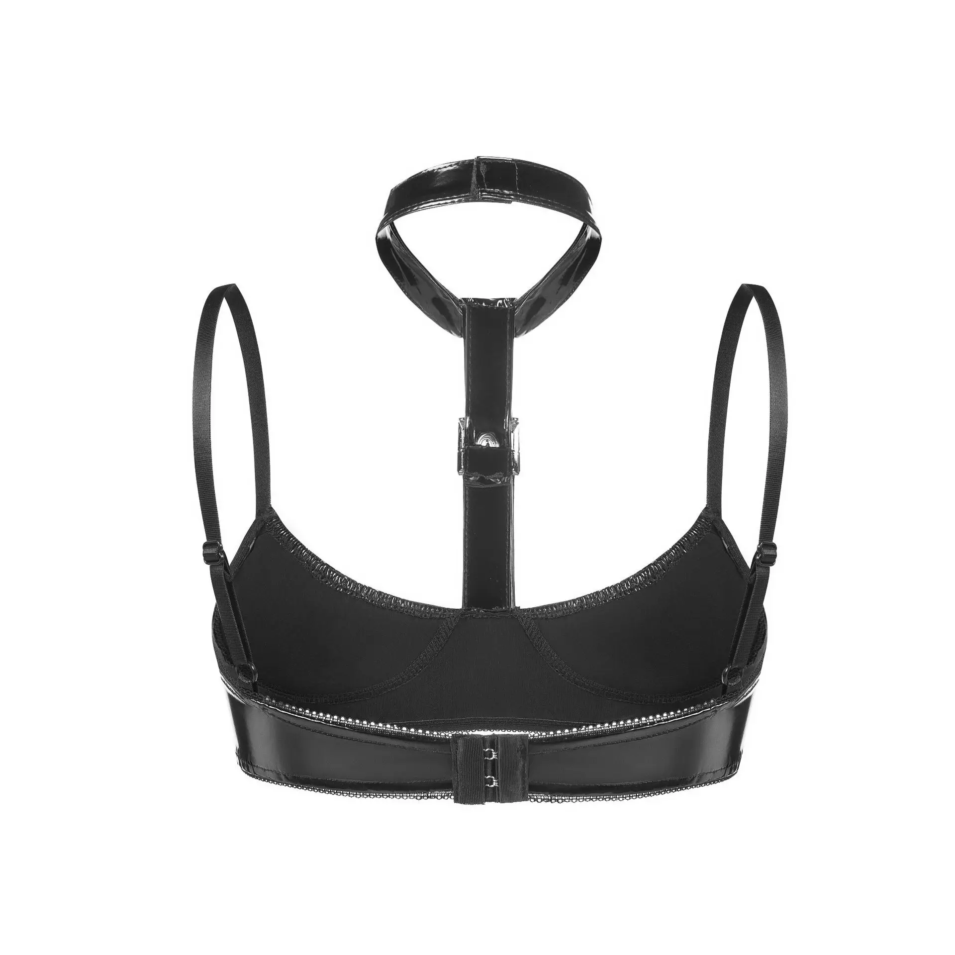 Women's Sexy Low Cup Glossy PVC Leather Bra Erotic Lingerie Adjustable Bracette Latex Wet Look Halter Neck Hot Porn Bra Tops