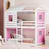 Twin Over Twin Bunk Bed with Tent, Wood Twin Size House Bed Frame, Pink+White Modern Plywood, Pine Wood, MDF House Bunk Bed 1
