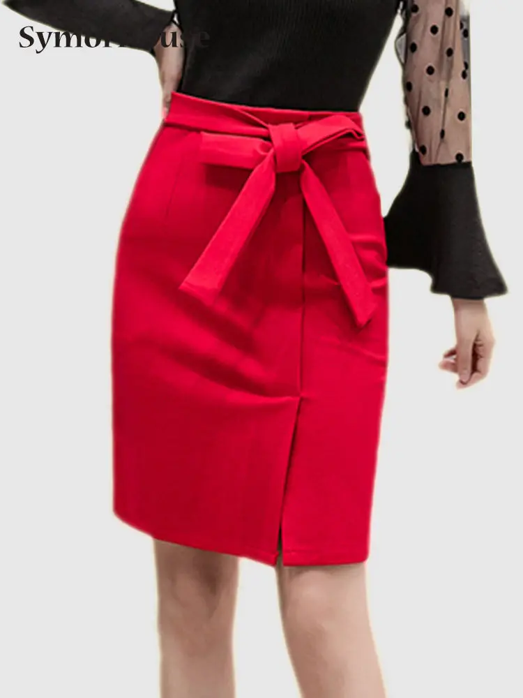 

2023 Summer Skirts Woman Solid Color Lace-up Casual High Waist Black Red Office Ladies Fashion Split Pencil Skirts Faldas Saia