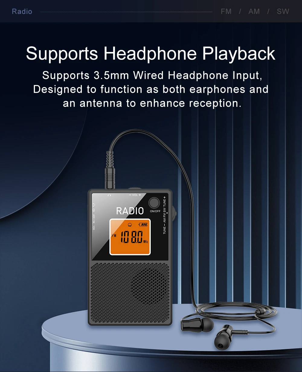 Mini Portable AM FM SW Radio Pocket FM Stereo Radios External Speaker Backlight Screen Rechargeable Radios with Wired Headset