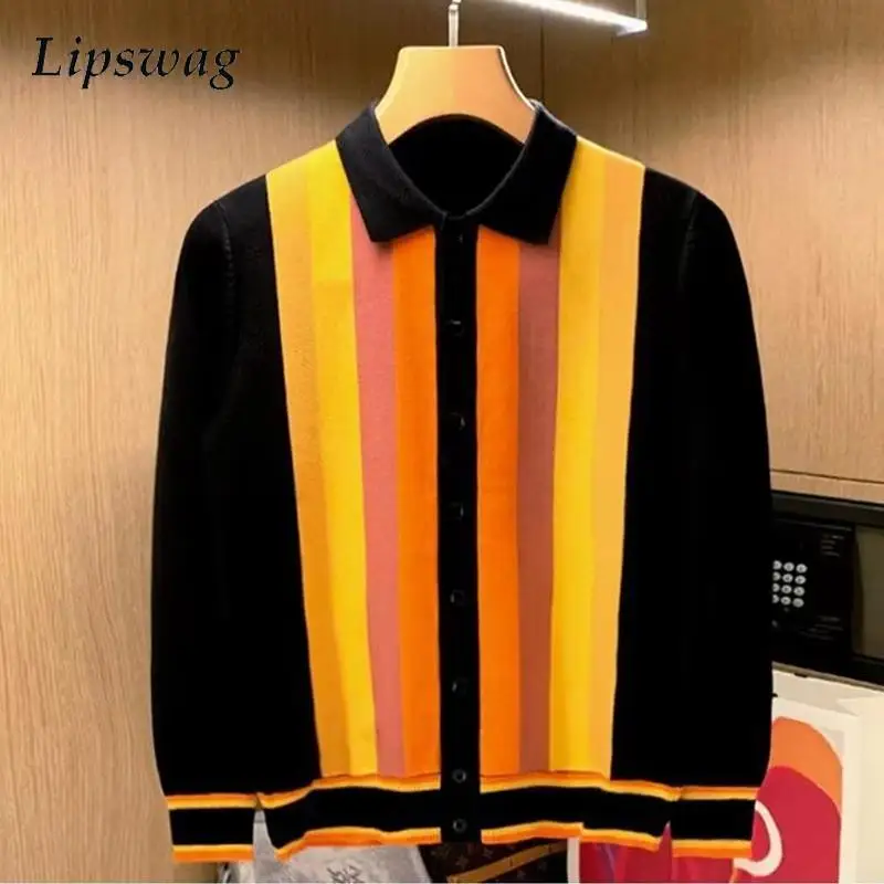 

Vintage Striped Jacquard Knit Shirts Mens Casual Long Sleeve Single Breasted Lapel Sweater Shirt Fall Fashion Slim Knitted Tops
