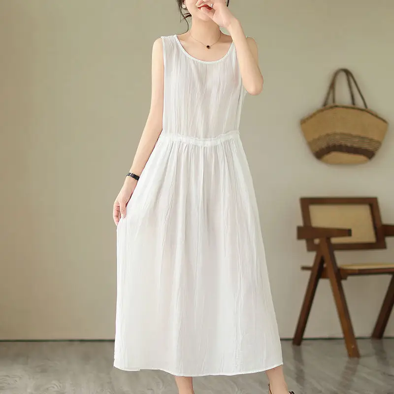 

2024 Summer Women Fashion Thin Cotton Linen Dresses Female Solid Color A-line Vest Dress Ladies O-neck Sleeveless Vestidos V80