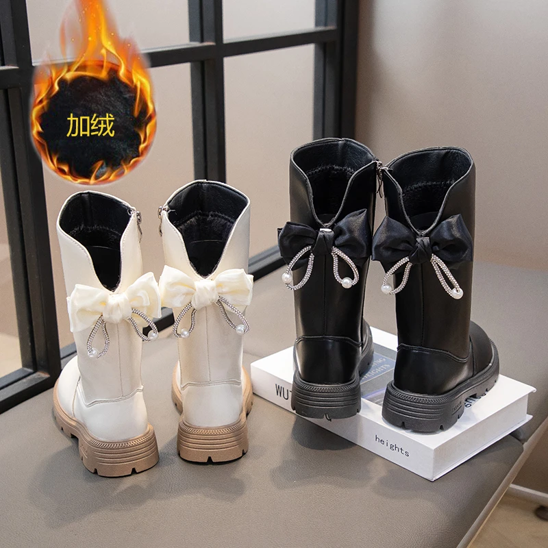 Girls Leather Mid Calf Boots Winter Kids Non Slip