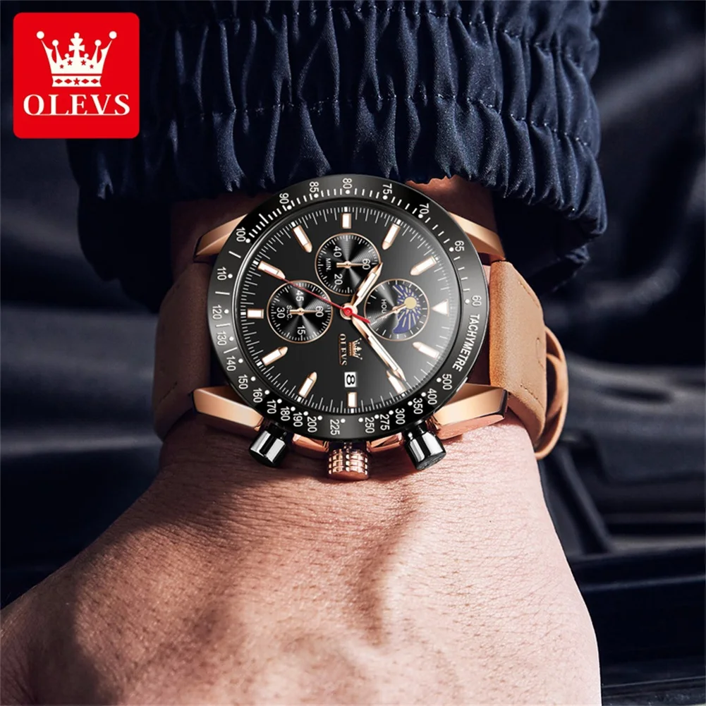 OLEVS Men Watches Quartz Watch Leather Sport Waterproof Wristwatch Chronograph Moon Phases Quality Men's Watch Reloj Hombre