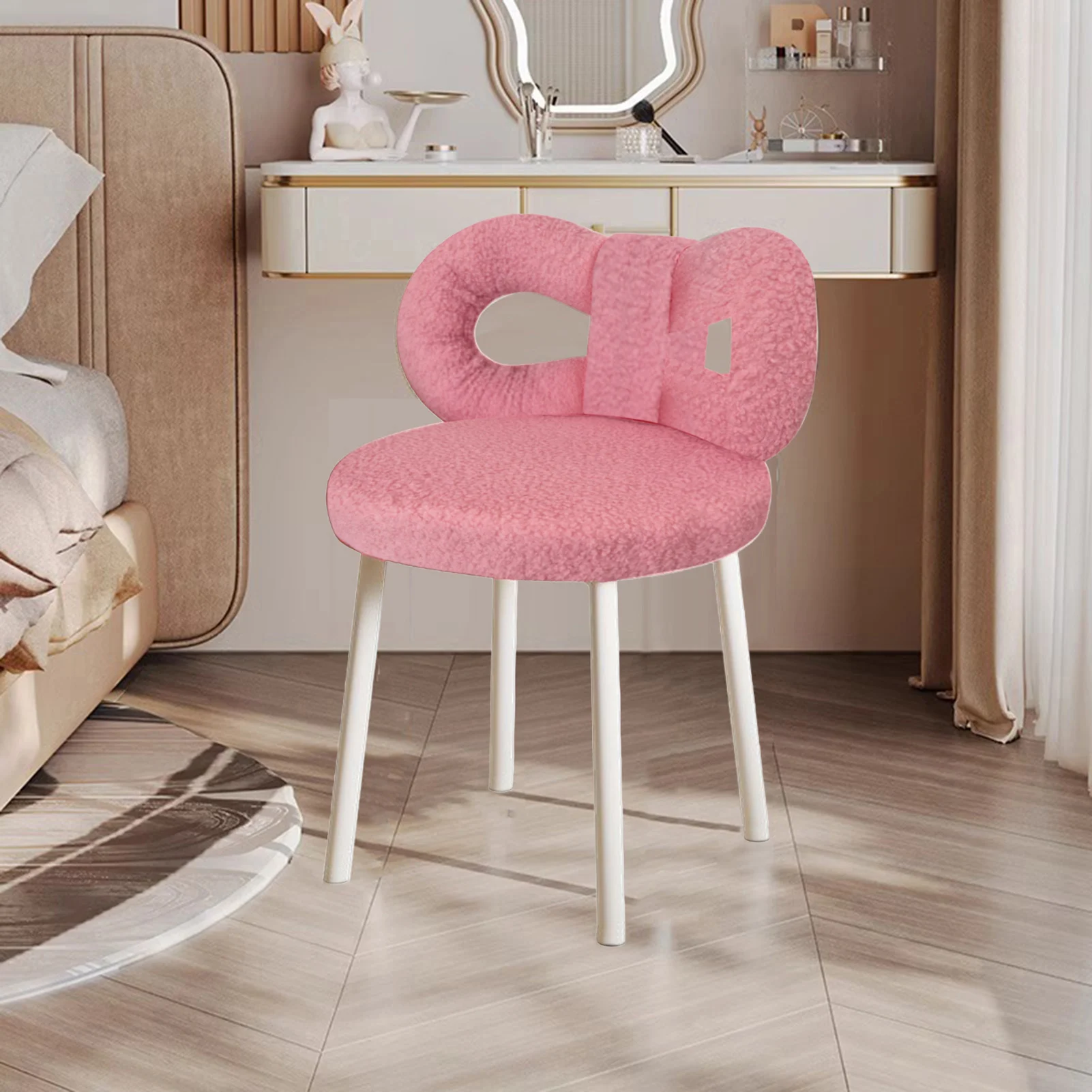 Cream-Style Designer Makeup Chair, Modern Minimalist Girl’S Bedroom, Bow-Knot Lambswool Vanity Stool, Pink