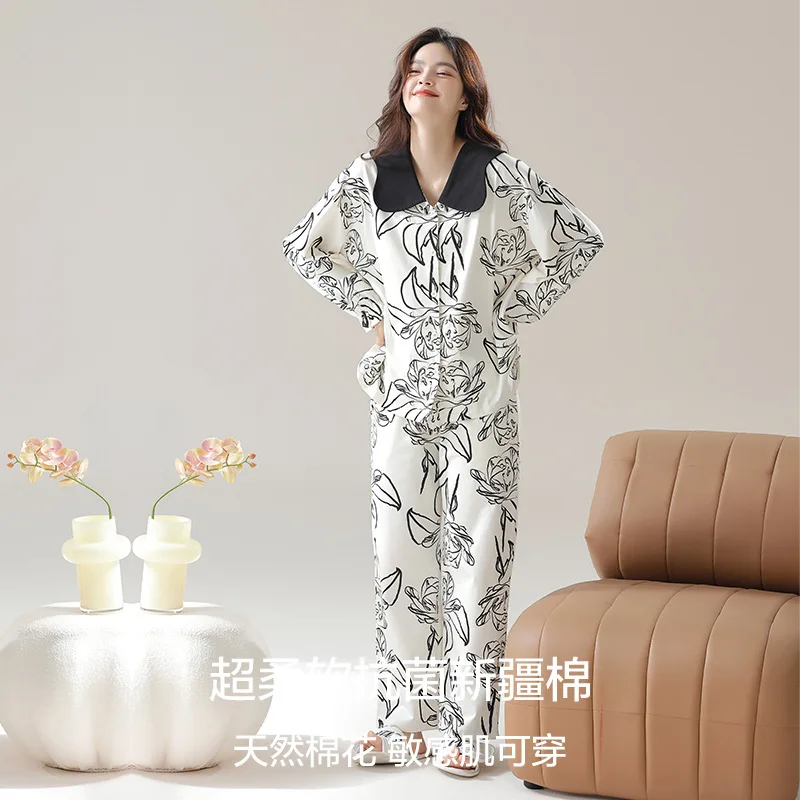 2014 Spring Pajamas Women's Long Sleeve Wear Doll Collar Floral Print Summer  Suit For Home Sleepwear Pyjamas Set Of Clothes